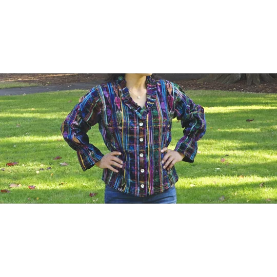 Upcycled Guatemala Long - Sleeve Blouse - Purple Ruffle Design Dark Blue Design