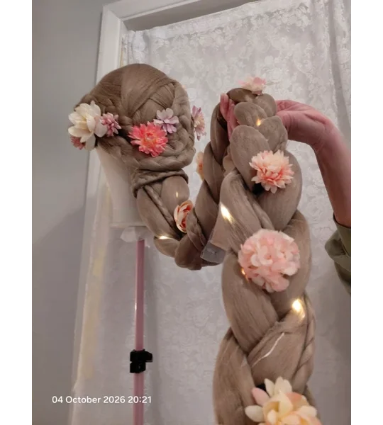 Rapunzel Inspired Deluxe Detachable Wig Full Set Base Individually Tulle Wrap Braid Lights & Flowers