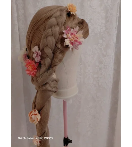 Rapunzel Inspired Deluxe Detachable Wig Full Set Base Individually Tulle Wrap Braid Lights & Flowers