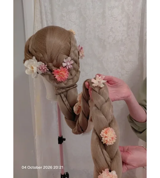 Rapunzel Inspired Deluxe Detachable Wig Full Set Base Individually Tulle Wrap Braid Lights & Flowers