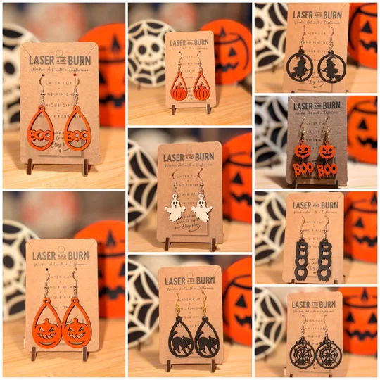Halloween Wooden Earrings — Ghost / Witch / Pumpkin / BOO / Spider Web / Cat | Laser Cut | UK Made