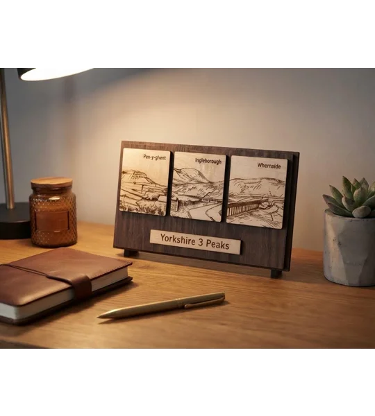 Handmade Yorkshire 3 Peaks Desktop Display | Laser-Engraved Woodland Plaque (UK) | UK Dispatch | FRE