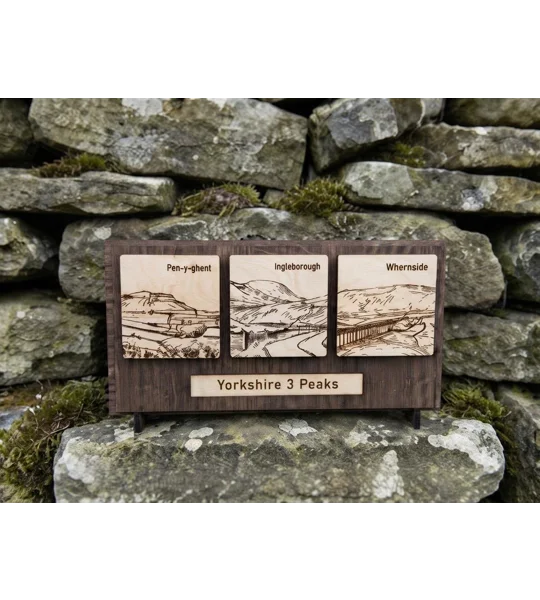 Handmade Yorkshire 3 Peaks Desktop Display | Laser-Engraved Woodland Plaque (UK) | UK Dispatch | FRE