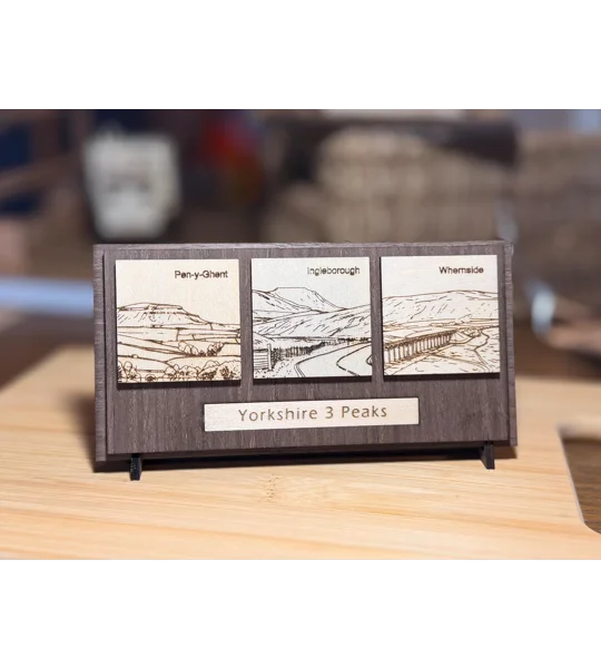 Handmade Yorkshire 3 Peaks Desktop Display | Laser-Engraved Woodland Plaque (UK) | UK Dispatch | FRE