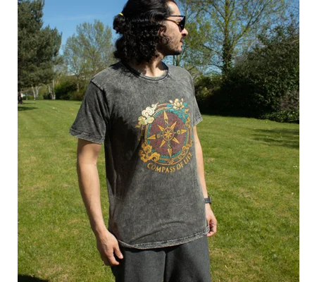 Nomad Sari Stonewashed Cotton T-Shirt - Compass of Life - Charcoal - Small