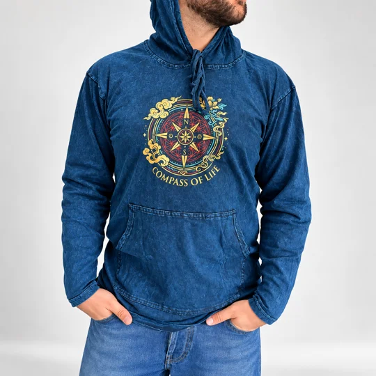 Med Stone Washed Hoody Shirt Kangaroo Pocket - Blue Compass of Life