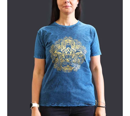 Nomad Sari Stonewashed Cotton T-Shirt – Hamsa – Blue – Medium