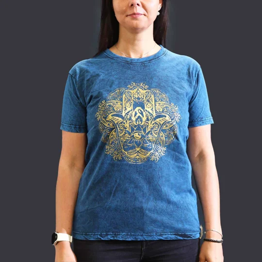 Nomad Sari Stonewashed Cotton T-Shirt – Hamsa – Blue – Medium