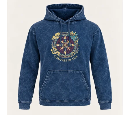 Small Stone Washed Hoody Shirt Kangaroo Pocket - Blue Compass of Life