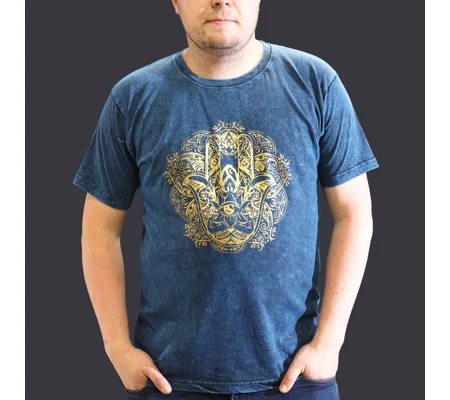 Nomad Sari Stonewashed Cotton T-Shirt – Hamsa – Blue – XL
