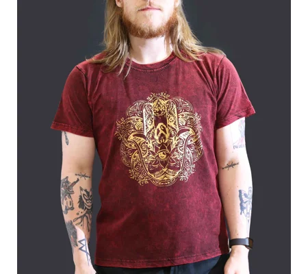 Nomad Sari Stonewashed Cotton T-Shirt – Hamsa – Maroon – Large