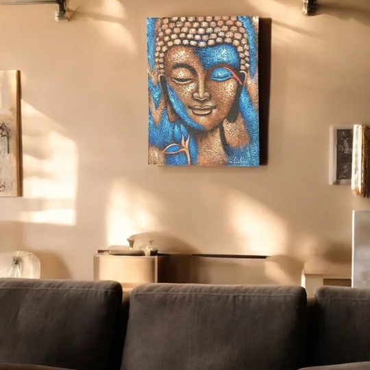 Buddha Painting - Bronze & Blue Flower 75x55cm