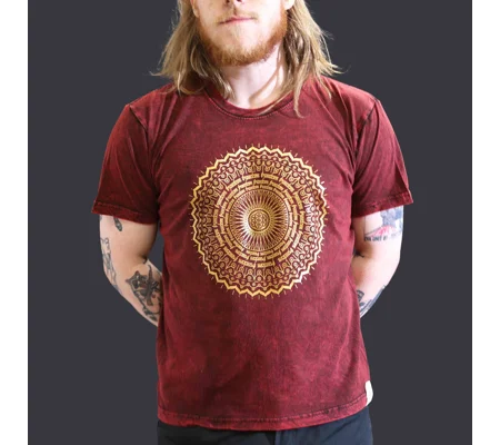 Nomad Sari Stonewashed Cotton T-Shirt – Mandala – Maroon – Large