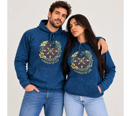 Large Stone Washed Hoody Shirt Kangaroo Pocket - Blue Compass of Life