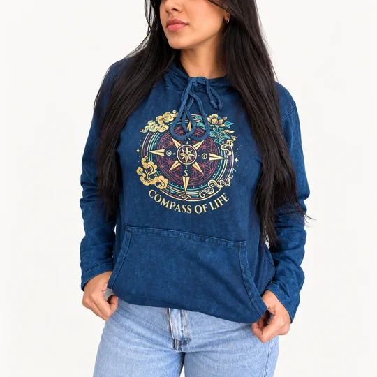Med Stone Washed Hoody Shirt Kangaroo Pocket - Blue Compass of Life