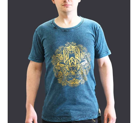 Nomad Sari Stonewashed Cotton T-Shirt – Hamsa – Blue – Small