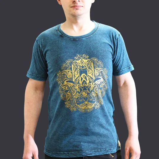 Nomad Sari Stonewashed Cotton T-Shirt – Hamsa – Blue – Small