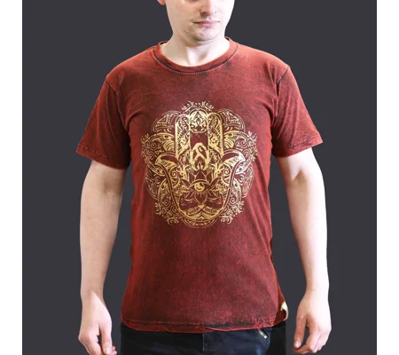 Nomad Sari Stonewashed Cotton T-Shirt – Hamsa – Maroon – Small