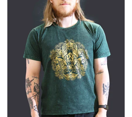 Nomad Sari Stonewashed Cotton T-Shirt – Hamsa – Green – Large