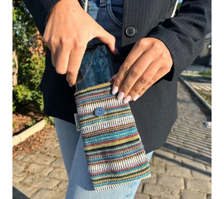 Phone Holder Bag Stripes Multi and White - owl decor