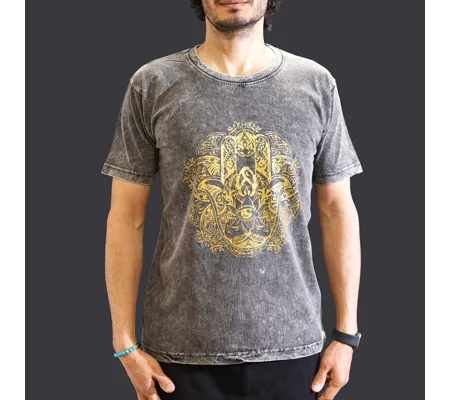 Nomad Sari Stonewashed Cotton T-Shirt – Hamsa – Dark Grey – Medium