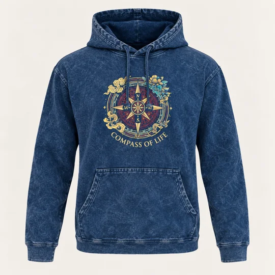 XLarge Stone Washed Hoody Shirt Kangaroo Pocket - Blue Compass of Life