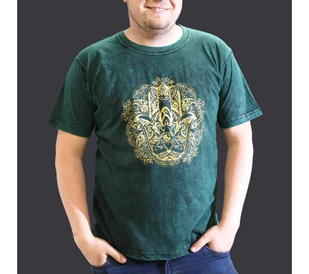 Nomad Sari Stonewashed Cotton T-Shirt – Hamsa – Green – XL