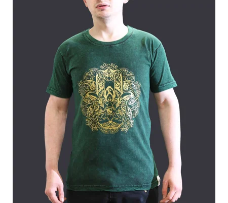 Nomad Sari Stonewashed Cotton T-Shirt – Hamsa – Green – Small
