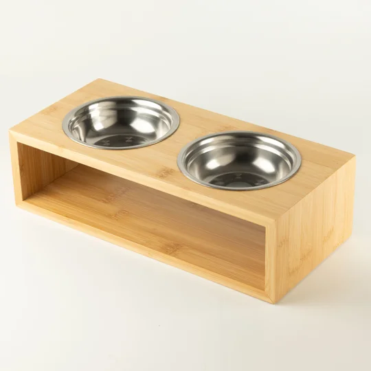 PAW Food Bowls - Large Double Stainless Steel (201) in Wooden Stand - 2x13cm
