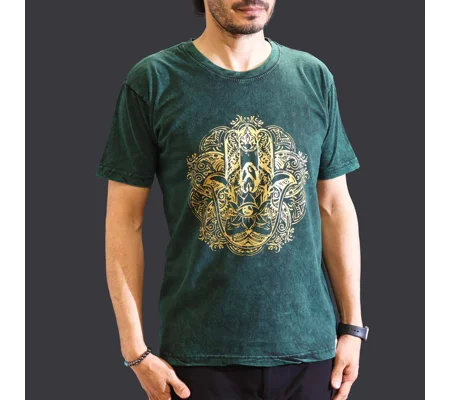 Nomad Sari Stonewashed Cotton T-Shirt – Hamsa – Green – Medium