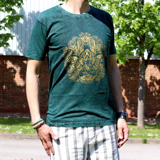 Nomad Sari Stonewashed Cotton T-Shirt – Hamsa – Green – Medium