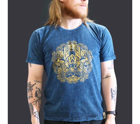 Nomad Sari Stonewashed Cotton T-Shirt – Hamsa – Blue – Large