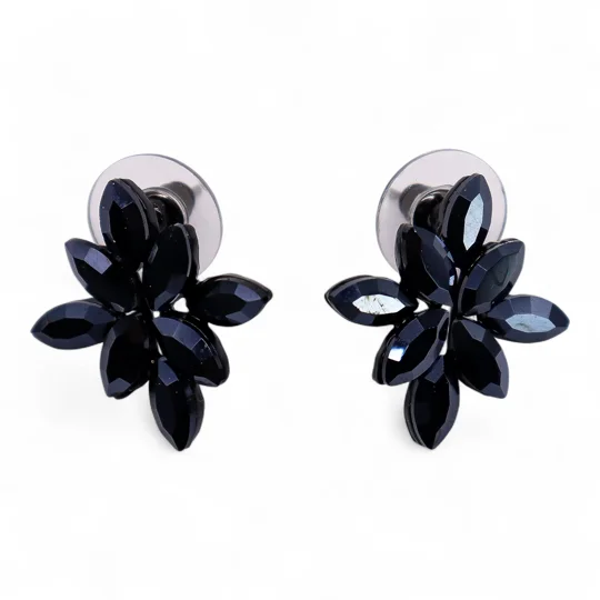 Jet Black - Vintage Glass - Flowers - Earrings