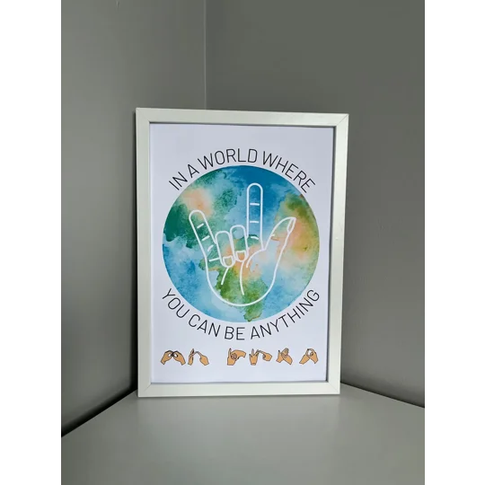 Be Kind wall print, deaf awareness, inclusive print, hearing loss, BSL, fingerspelling