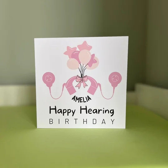 Happy Hearing Birthday Card: Cochlear Implant & Hearing Aid
