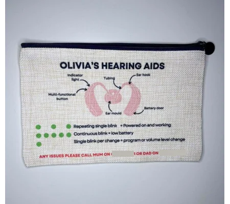 Hearing Aid Information Bag with Diagram – Linen Accessory Case with Emergency Contacts for School/N