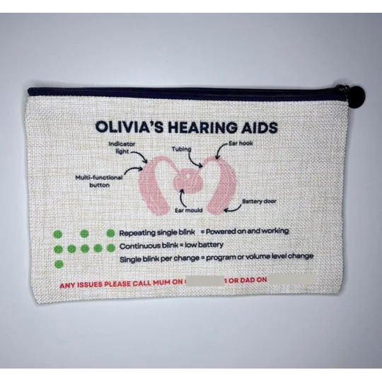 Hearing Aid Information Bag with Diagram – Linen Accessory Case with Emergency Contacts for School/N