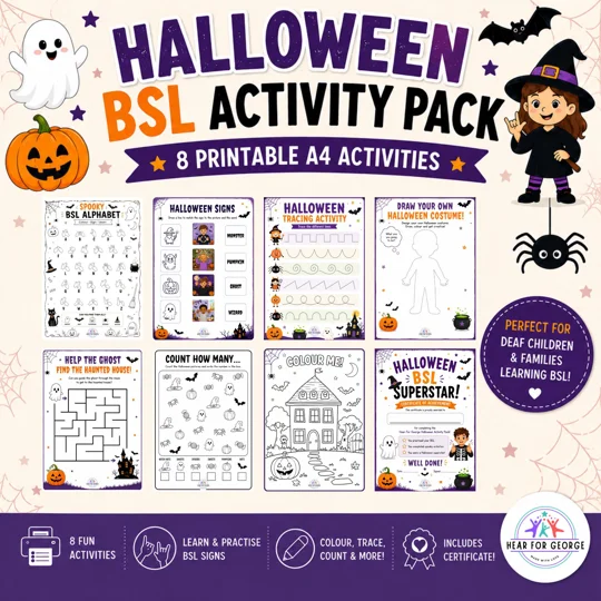 Halloween BSL Activity Pack, Deaf Children’s Printable Activities, British Sign Language, Colouring,