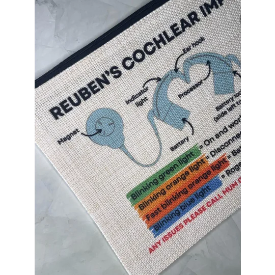 Cochlear Implant Information Storage Bag with Emergency Contacts & Diagram for Nursery, School, Chil