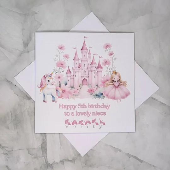 Personalised BSL Birthday Card: Unicorn Castle Design