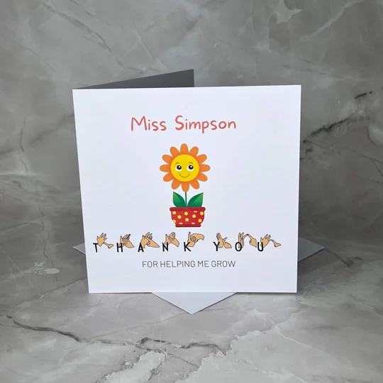 BSL teacher thank you card, British sign, fingerspelling, inclusive card, deaf culture