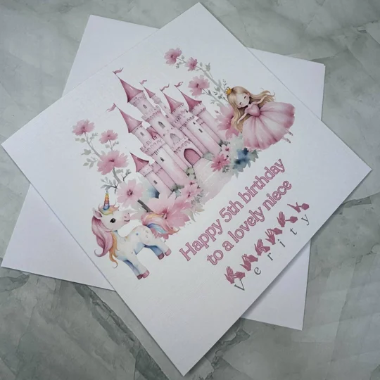 Personalised BSL Birthday Card: Unicorn Castle Design