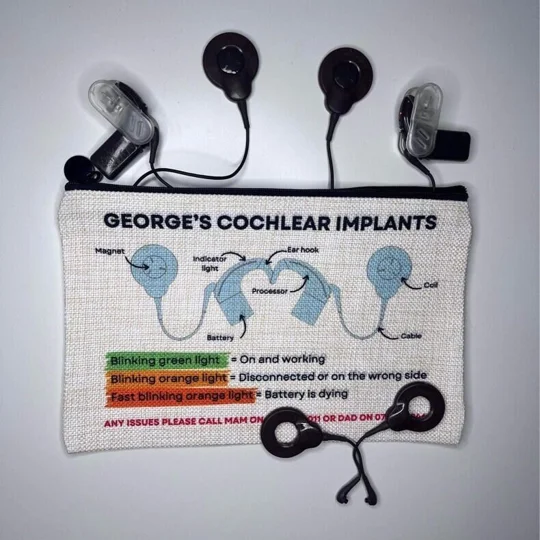 Cochlear Implant Information Storage Bag with Emergency Contacts & Diagram for Nursery, School, Chil