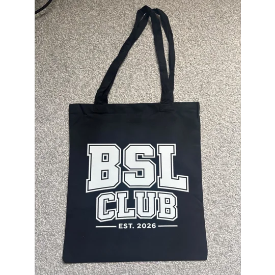BSL Club Black Cotton Tote Bag, British Sign Language, Deaf Awareness