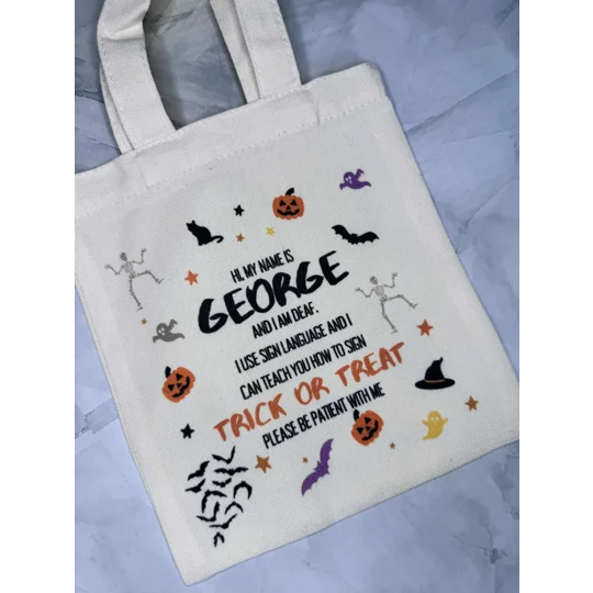 Deaf Awareness Halloween Tote Bag, BSL Sign Language, Inclusive Trick or Treat