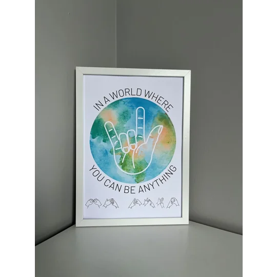 Be Kind wall print, deaf awareness, inclusive print, hearing loss, BSL, fingerspelling