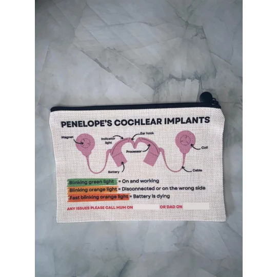 Cochlear Implant Information Storage Bag with Emergency Contacts & Diagram for Nursery, School, Chil