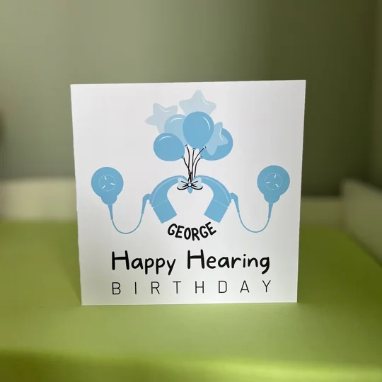 Happy Hearing Birthday Card: Cochlear Implant & Hearing Aid