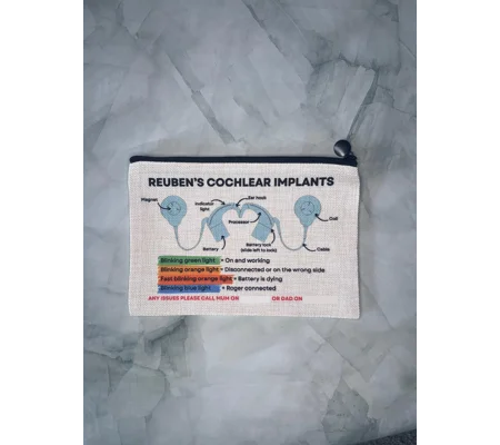 Cochlear Implant Information Storage Bag with Emergency Contacts & Diagram for Nursery, School, Chil
