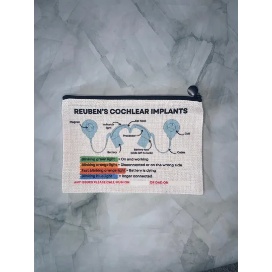 Cochlear Implant Information Storage Bag with Emergency Contacts & Diagram for Nursery, School, Chil
